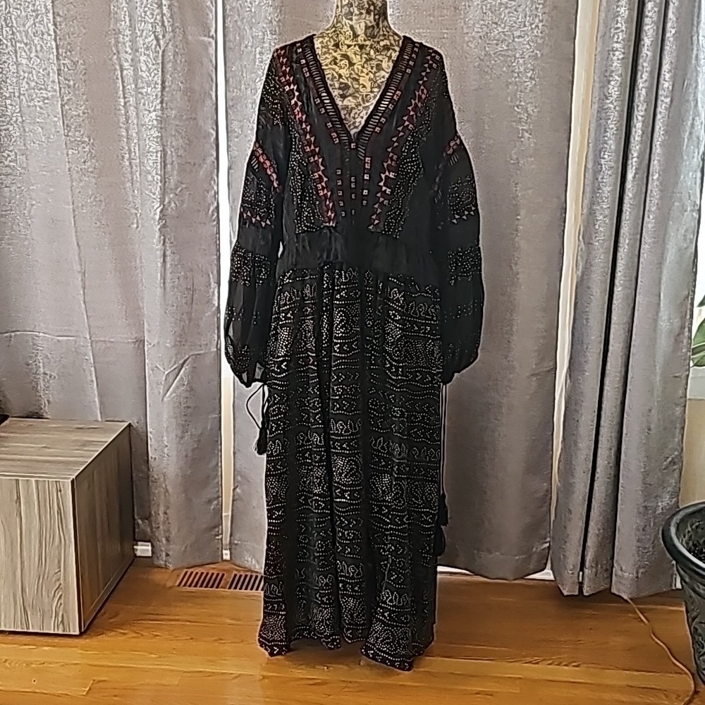 NWOT Free People Anthropologie Sheer Balloon Sleeve Dress - Black - Medium